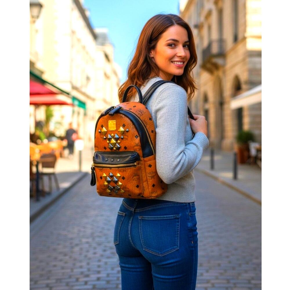 MCM Stark Studded Mini Backpack Cognac Visetos Black Leather Trim w/ COA - Picture 16 of 16